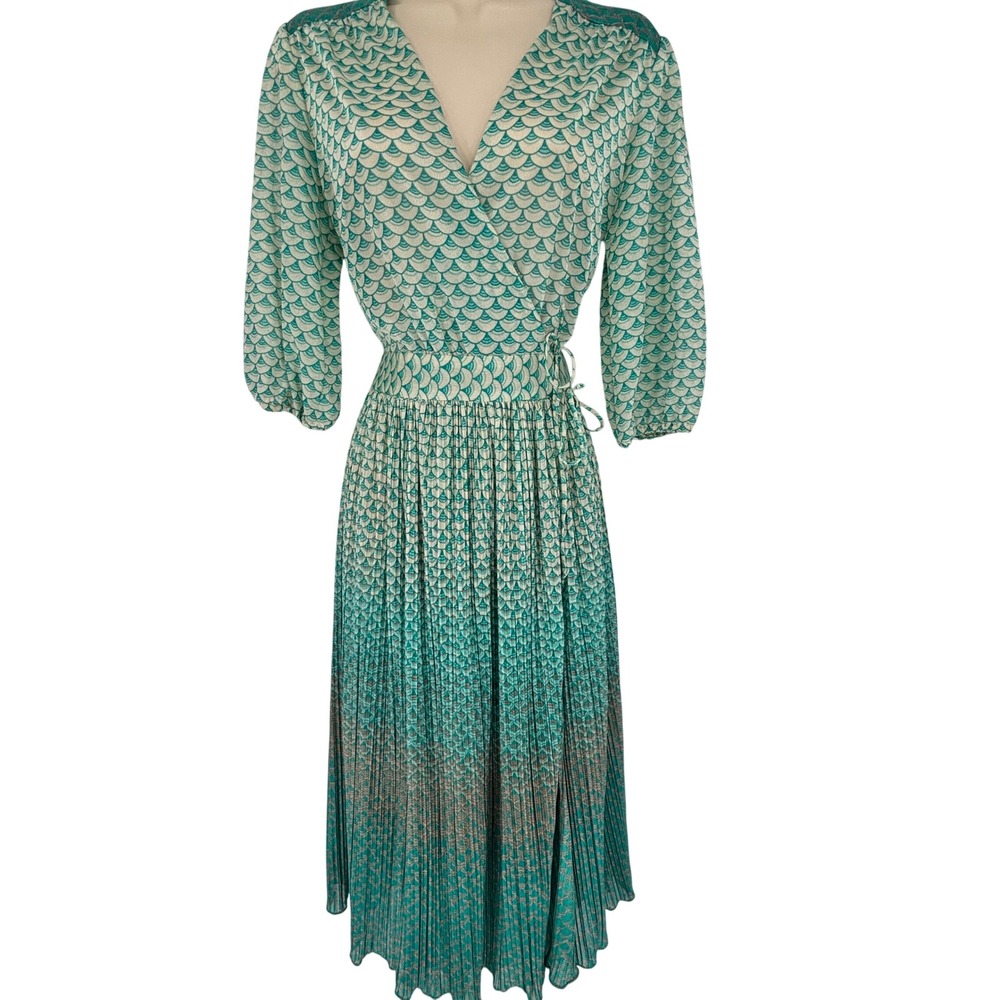 Goldrush Vintage Teal Scallop Print Wrap Midi Dress Ombre Pleated Skirt Size 14